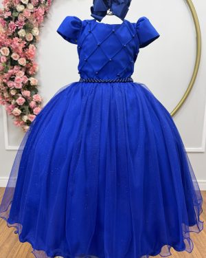 Vestido Infantil Longo Azul Royal Glitter Busto Nervura Festa Daminha