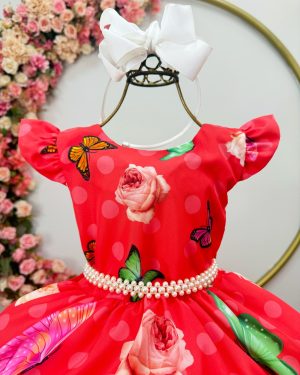Vestido Infantil Poliéster Vermelho Jardim das Borboletas Pérolas Natal