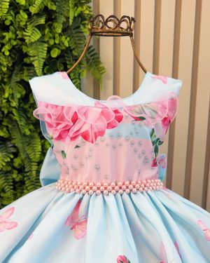 Vestido Infantil Azul Claro Jardim das Borboletas C/ Pérolas