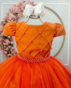 Vestido Infantil Longo Terracota Tule Glitter Busto Nervura Festa Daminha