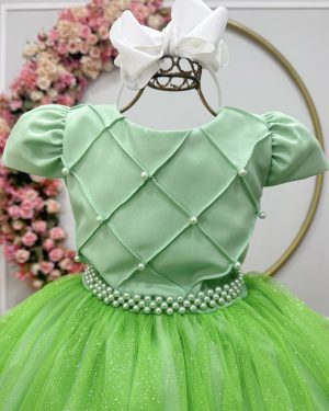 Vestido Infantil Longo Verde Tule Glitter Busto Nervura Festa Daminha