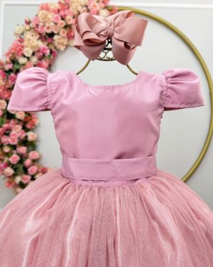 Vestido Infantil Rose Longo daminha Tule Glitter e Mangas