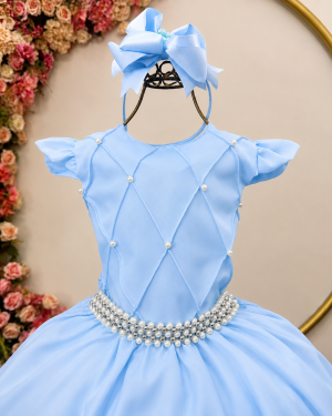 Vestido Longo Daminhas, Infantil Azul Claro em Poliéster Busto Nervura Daminhas