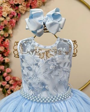 Vestido Infantil Longo Azul Claro C/ Renda e Pérolas Damas