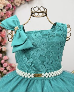 Vestido Infantil Longo Verde Busto Renda Festas Daminhas