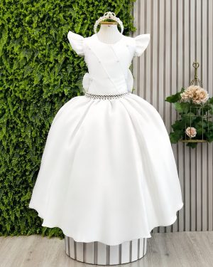 Vestido Longo Daminhas, Infantil Branco em Poliéster, Nervura com Pérolas Cinto Luxo