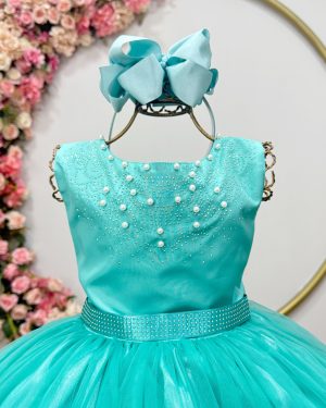 Vestido Infantil Damas de Honra Longo Verde Pérolas Luxo