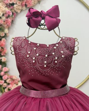 Vestido Infantil Damas de Honra Longo Marsala Strass Pérolas
