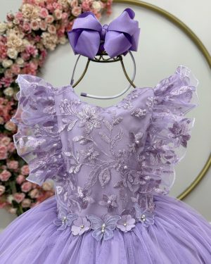 Vestido Infantil Lilas C/ Bordado,  Borboletas e flores Dama Festas Luxo
