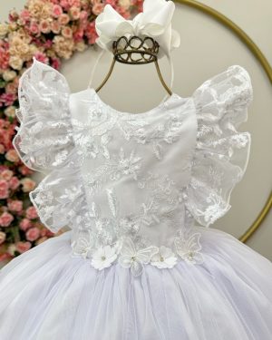 Vestido Infantil Branco C/ Bordado,  Borboletas e flores Dama Festas Luxo