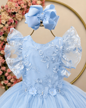 Vestido Infantil Azul Bebe C/ Bordado,  Borboletas e flores Dama Festas Luxo