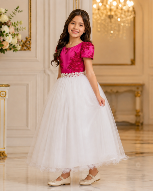 Vestido Infantil Pink Damas Longo, Pink/Branco, em Cetim, Renda e Tule