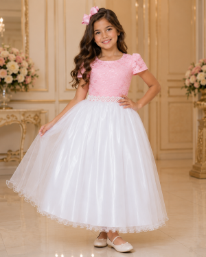 Vestido Infantil Damas Longo, Rosa/Branco, em Cetim, Renda e Tule