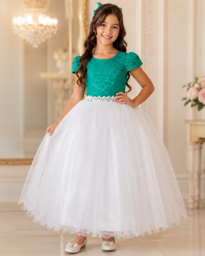 Vestido Infantil Damas Longo, Verde/Branco, em Cetim, Renda e Tule