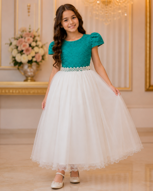 Vestido Infantil  Damas Longo, Verde/Off White, em Cetim, Renda e Tule