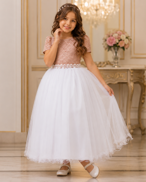Vestido Infantil Damas Longo, Rosè/Branco, em Cetim, Renda e Tule