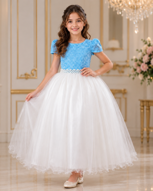 Vestido Infantil Damas Longo, Azul/Off White, em Cetim, Renda e Tule