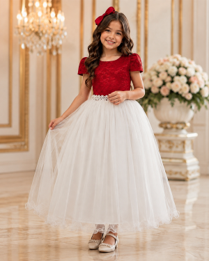 Vestido Infantil Damas Longo, Vermelho/Off White, em Cetim, Renda e Tule