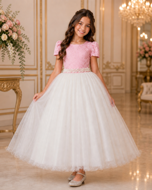 Vestido Infantil Damas Longo, Rosa/Off White, em Cetim, Renda e Tule