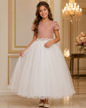 Vestido Infantil Damas Longo Rosè/Off White, em Cetim, Renda e Tule