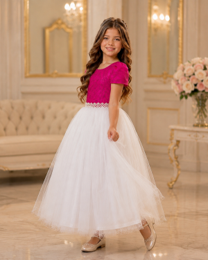 Vestido Infantil Damas Longo, Pink/Off White, em Cetim, Renda e Tule